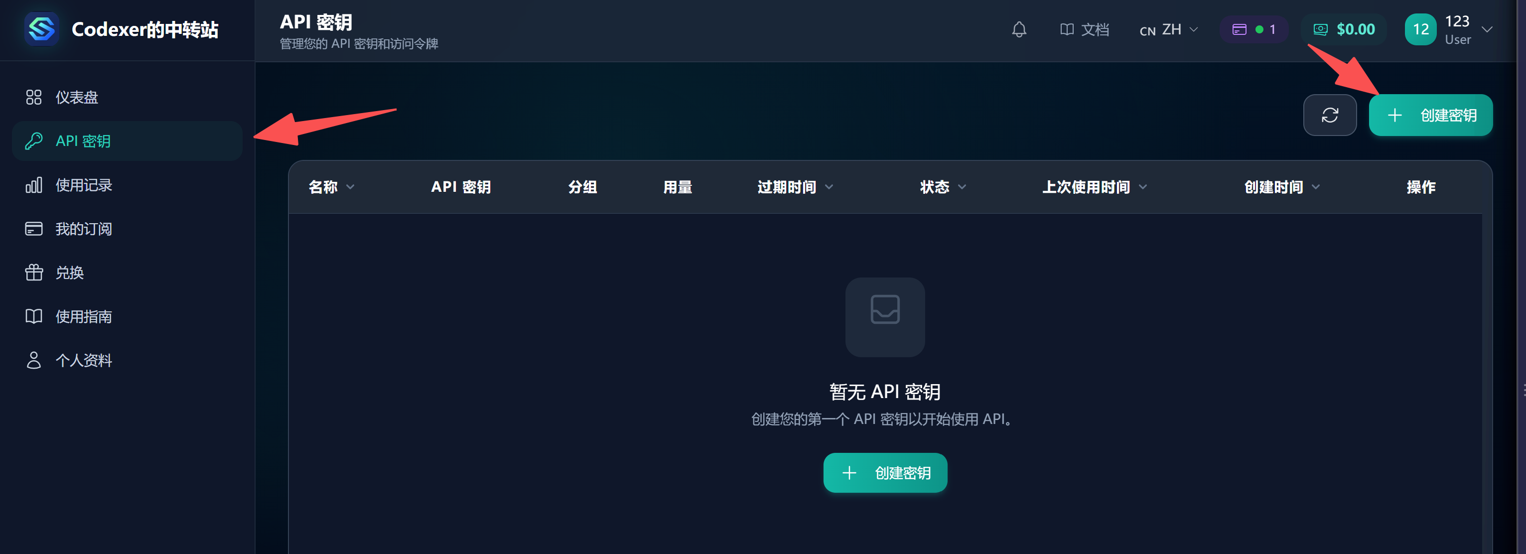API 密钥页面截图